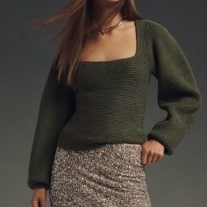 🟠NWT MAEVE by ANTHROPOLOGIE Square Neck Wide Sleeve Sweater in Olive Green LG